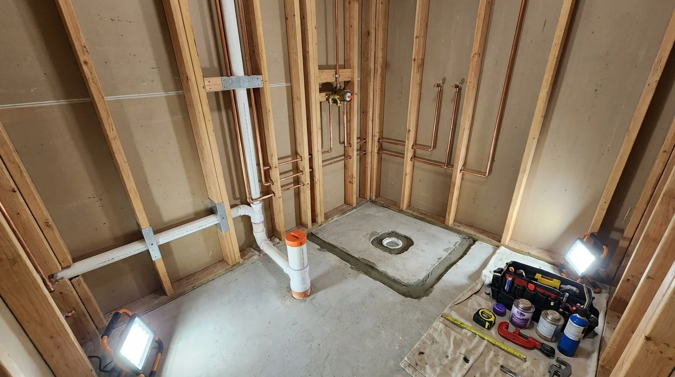 Bathroom rough-in plumbing during remodel by Johns Plumbing LLC in Monette