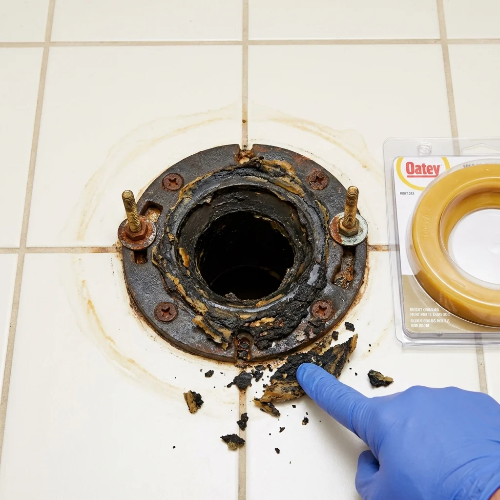 Failed wax ring showing water seepage at the base of a toilet in a Monette, AR home